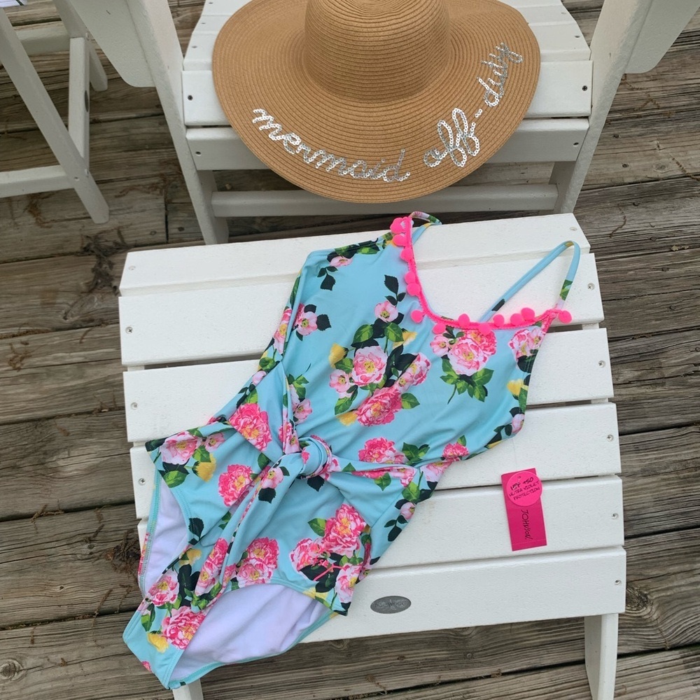 Betsy Johnson Swim Floral Tie Waist One Piece Swimsuit S blue pink feminine